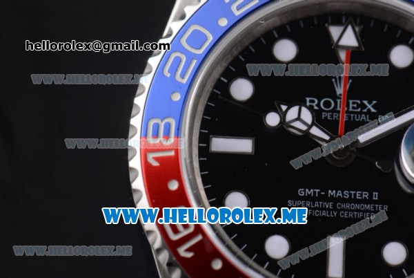 Rolex GMT-Master II Clone Rolex 3186 Automatic Stainless Steel Case/Bracelet with Black Dial and White Markers Red/Blue Bezel (BP) - Click Image to Close